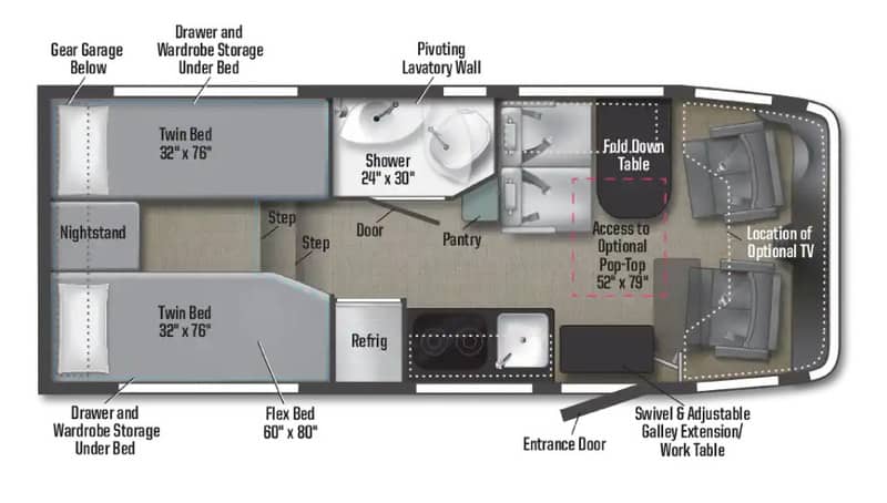 Class C RV Under 25 Feet Winnebago Ekko 22A Floorplan