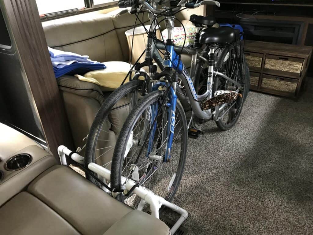 2 bikes stored inside an RV