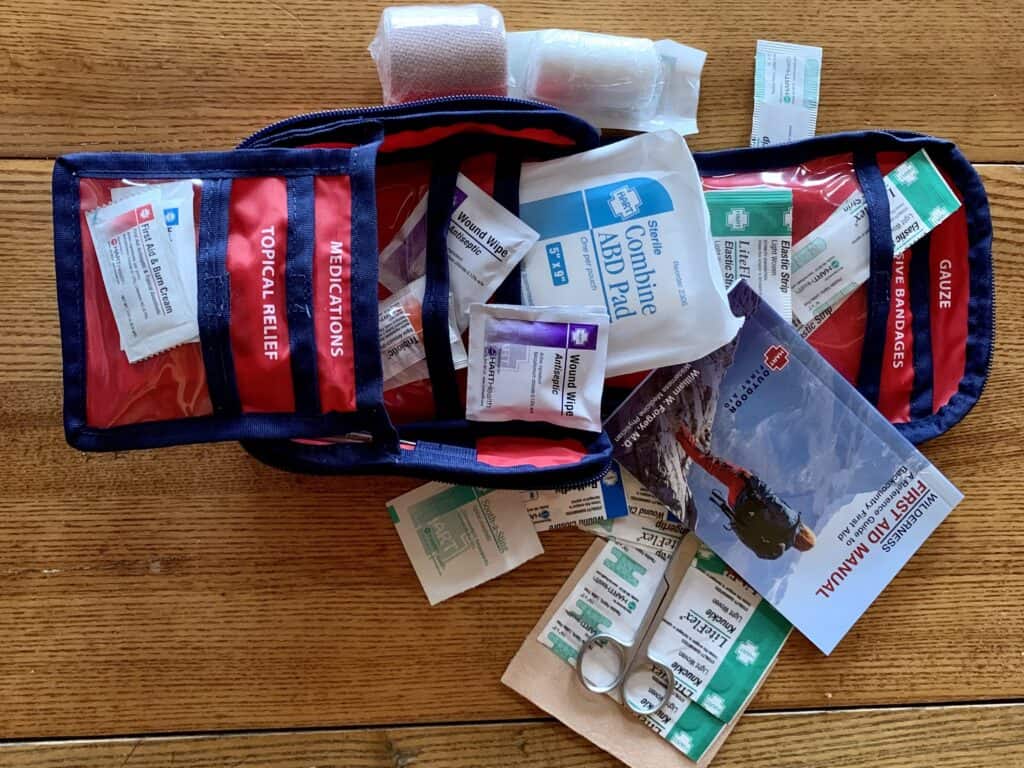 First aid kit open showing contents - RV packing tips