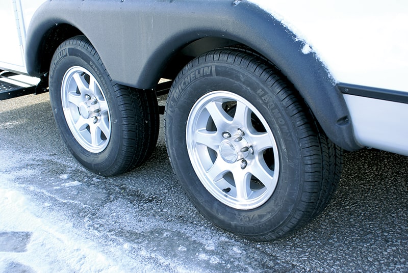 Close up view of the tires on a travel trailer with dual axles