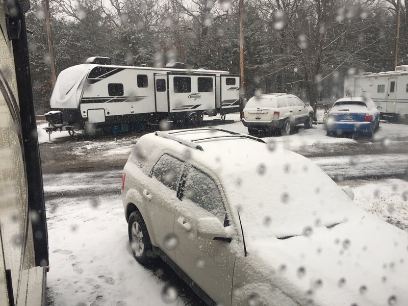 Travel trailer at a campground with snow falling -full-time RV living