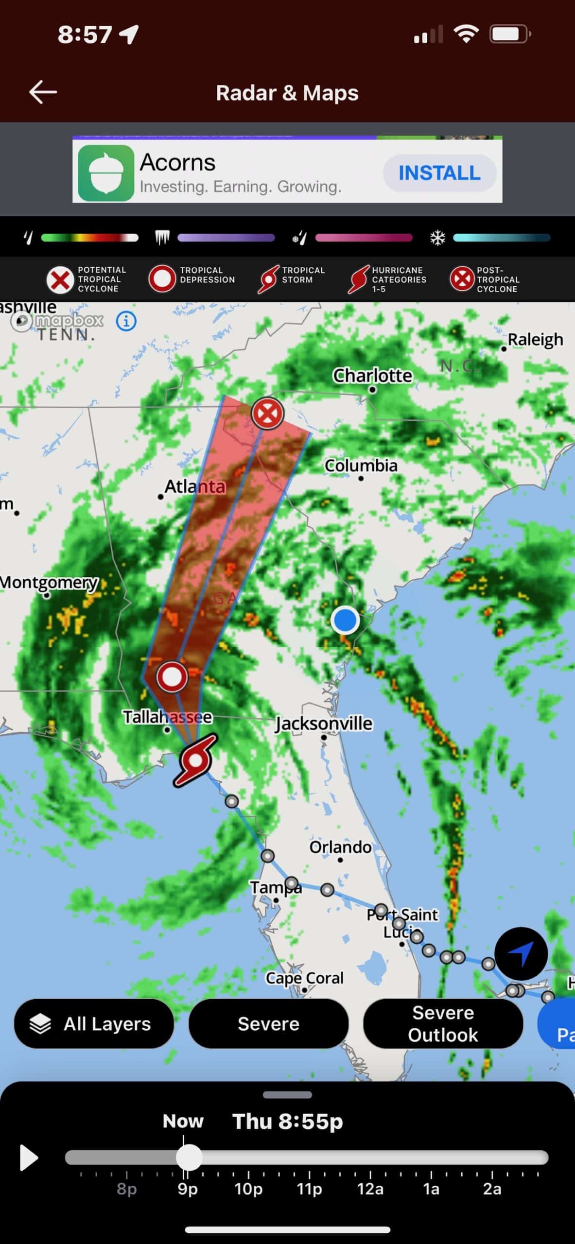 Hurricane Nicole radar and projected storm track across Florida and the Southeast