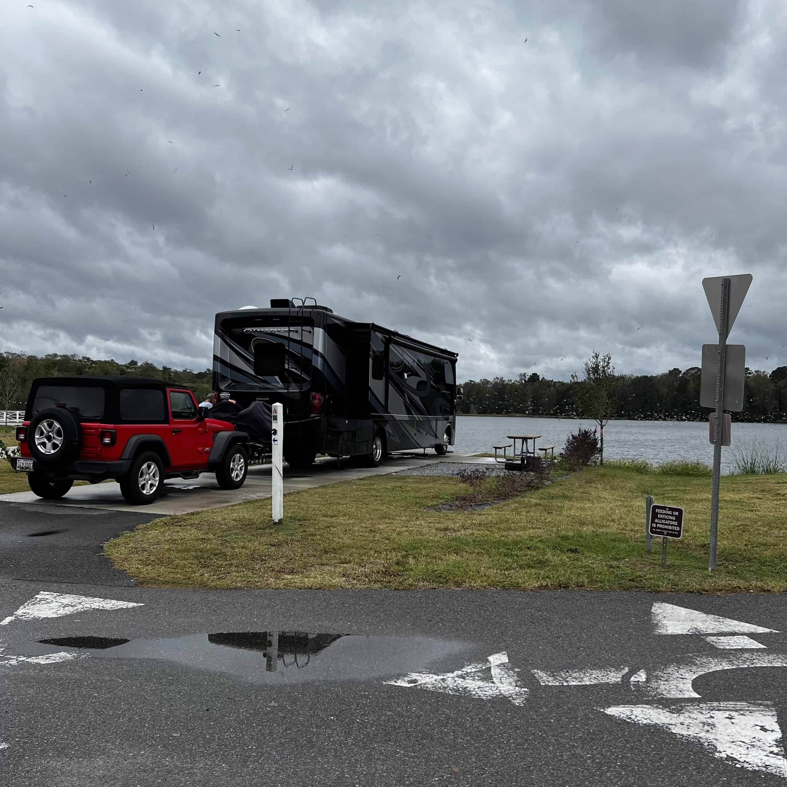 RVBlogger motorhome and Jeep parked at CreekFire RV Resort in Savannah Georgia during Hurricane Nicole
